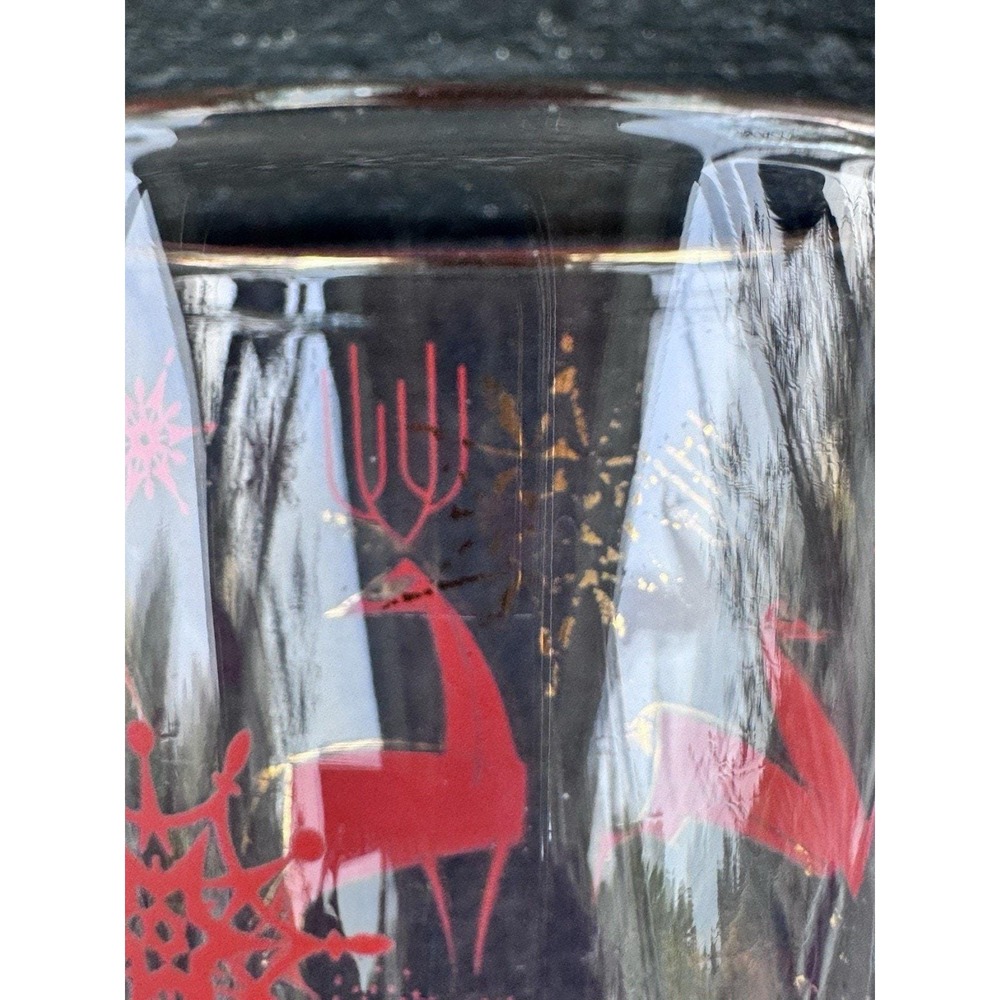 6 Rare Vintage MCM Libbey Atomic Christmas Reindeer Red Gold Highball Glasses - Picture 6 of 7